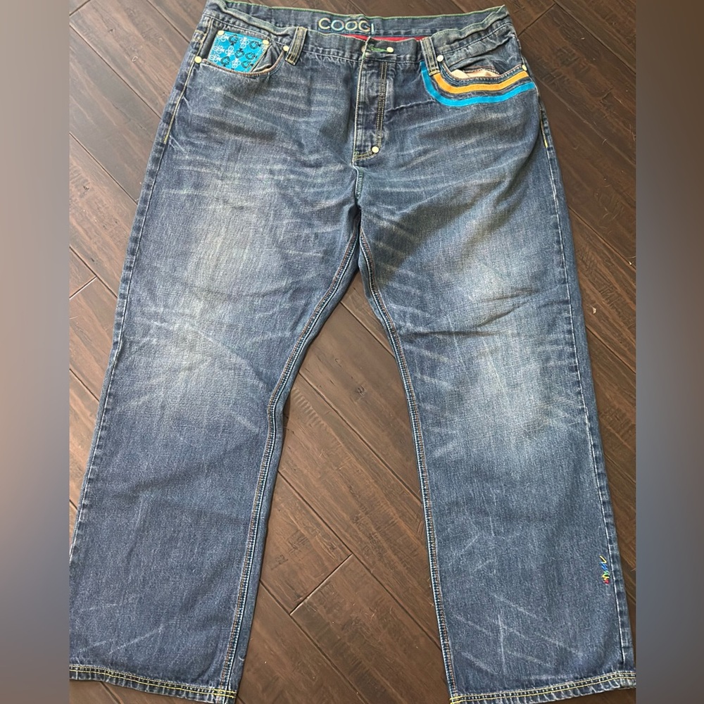 COOGI Men's Jeans with Blue and Yellow Accents